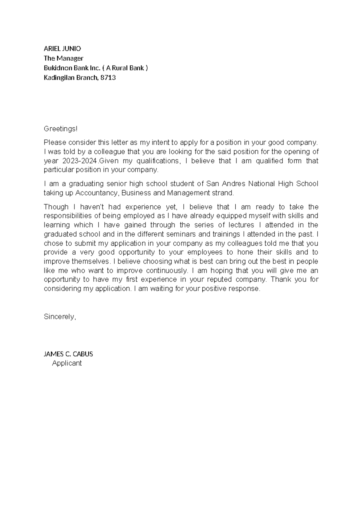 Application-Letter - ARIEL JUNIO The Manager Bukidnon Bank Inc. ( A ...