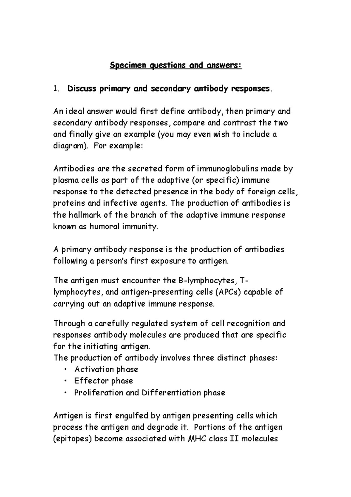 Specimen questions and answers immunology Specimen questions and