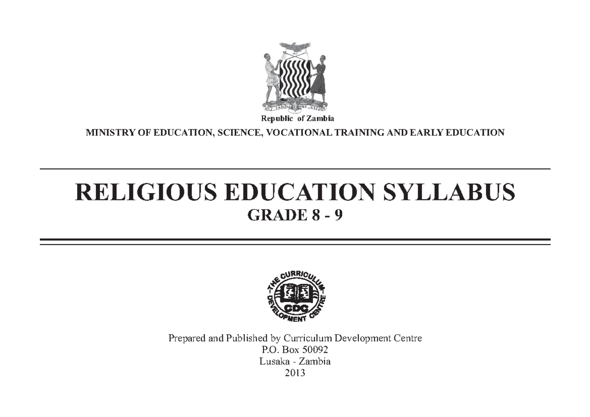 Religious Education 8 9 RELIGIOUS EDUCATION SYLLABUS GRADE 8 9 Prepared and Published by