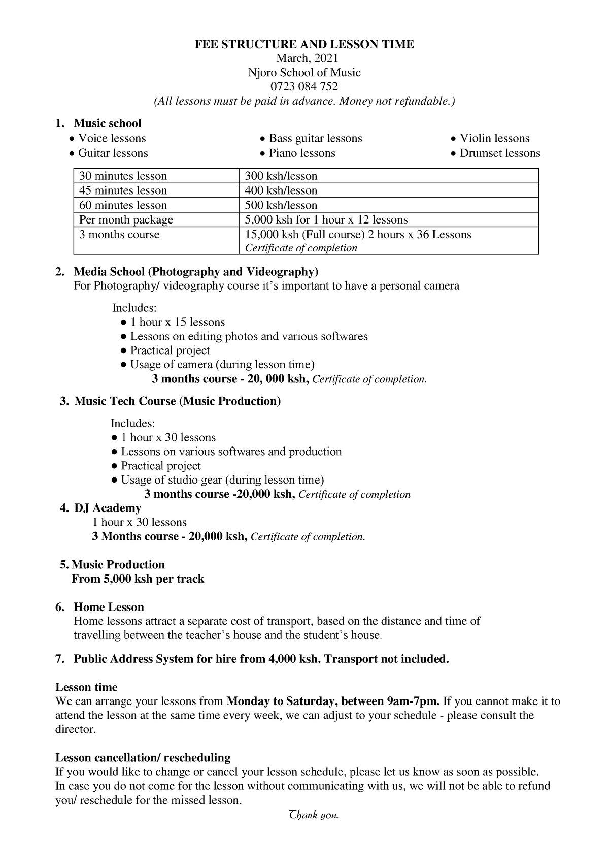 FEE Structure AND Lesson TIME final - FEE STRUCTURE AND LESSON TIME ...