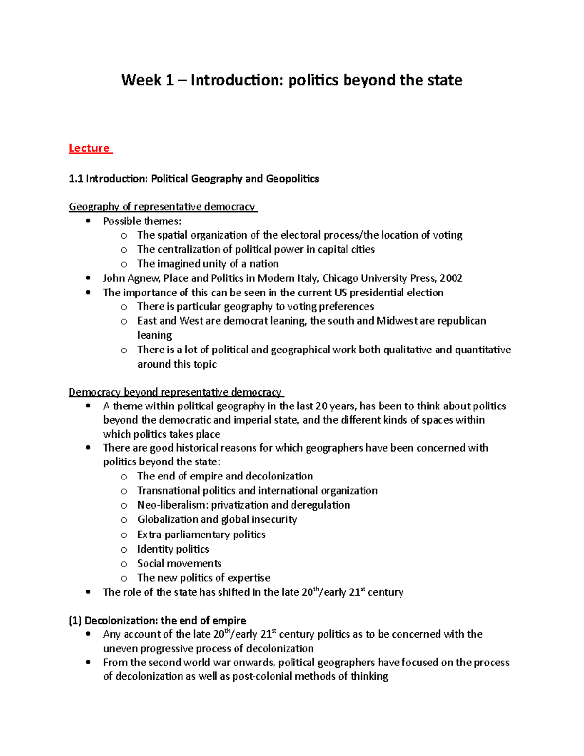 Week 1 – Introduction- politics beyond the state - Week 1 ...