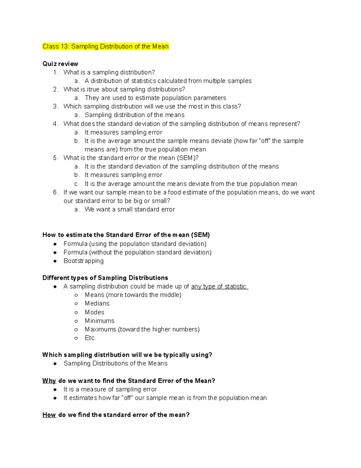 Class 13 Sampling Distribution of the Mean (1) - Class 13: Sampling ...