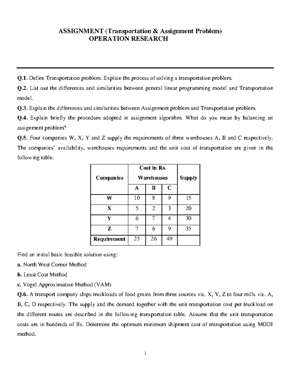 mcq on transportation and assignment problem