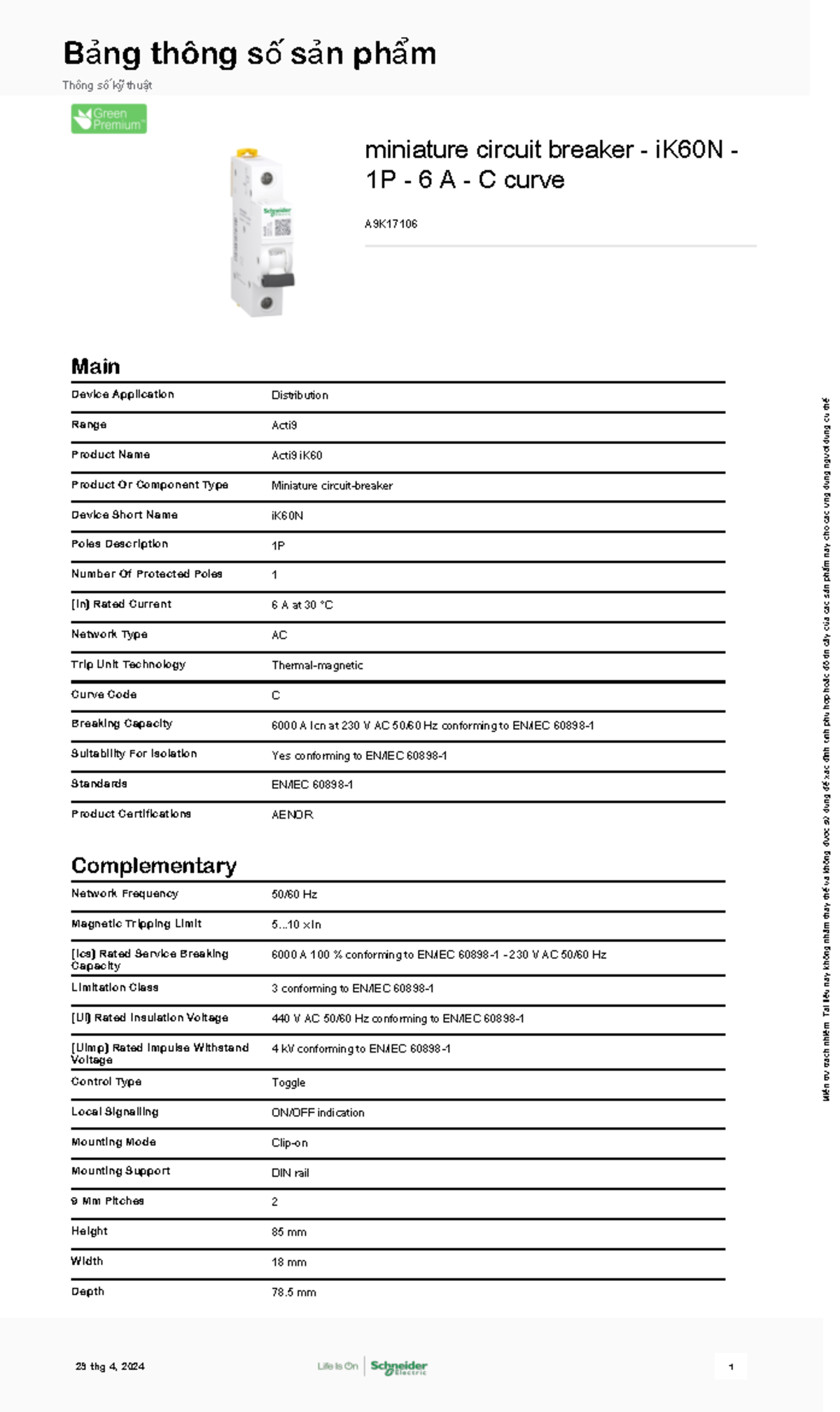 Disjoncteur Schneider Electric K60N 1P 32A - Protection Circuit électrique - Caractéristique B - 6kA