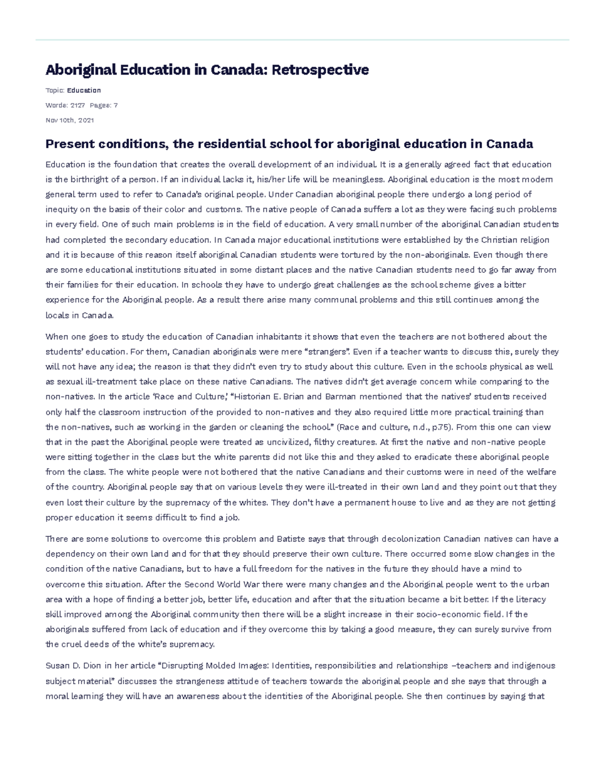 Aboriginal Education in Canada- Retrospective Free Essay Example ...