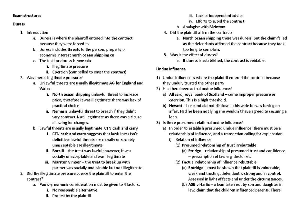Contract structure's Exam structures Duress Introduction a. Duress is where the plaintiff Contract structure's Exam structures Duress Introduction a. Duress is where the plaintiff