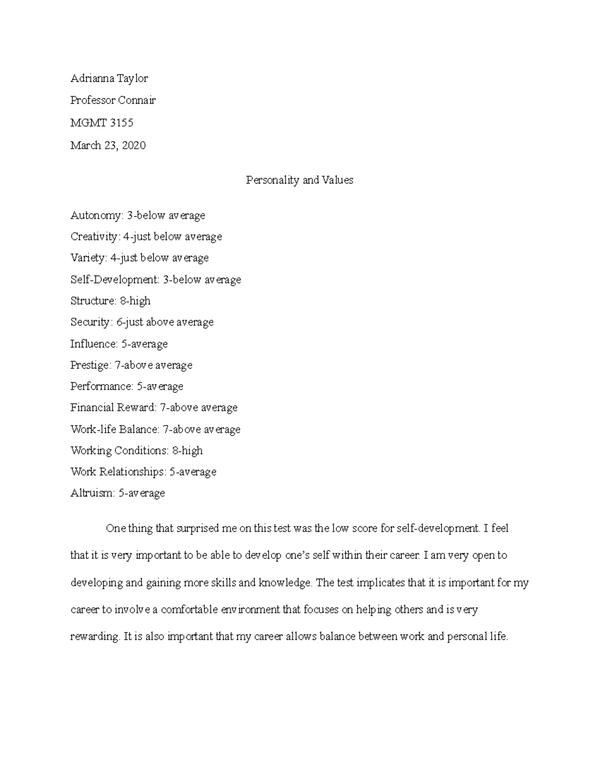 Personality and Values Assignment - Adrianna Taylor Professor Connair ...