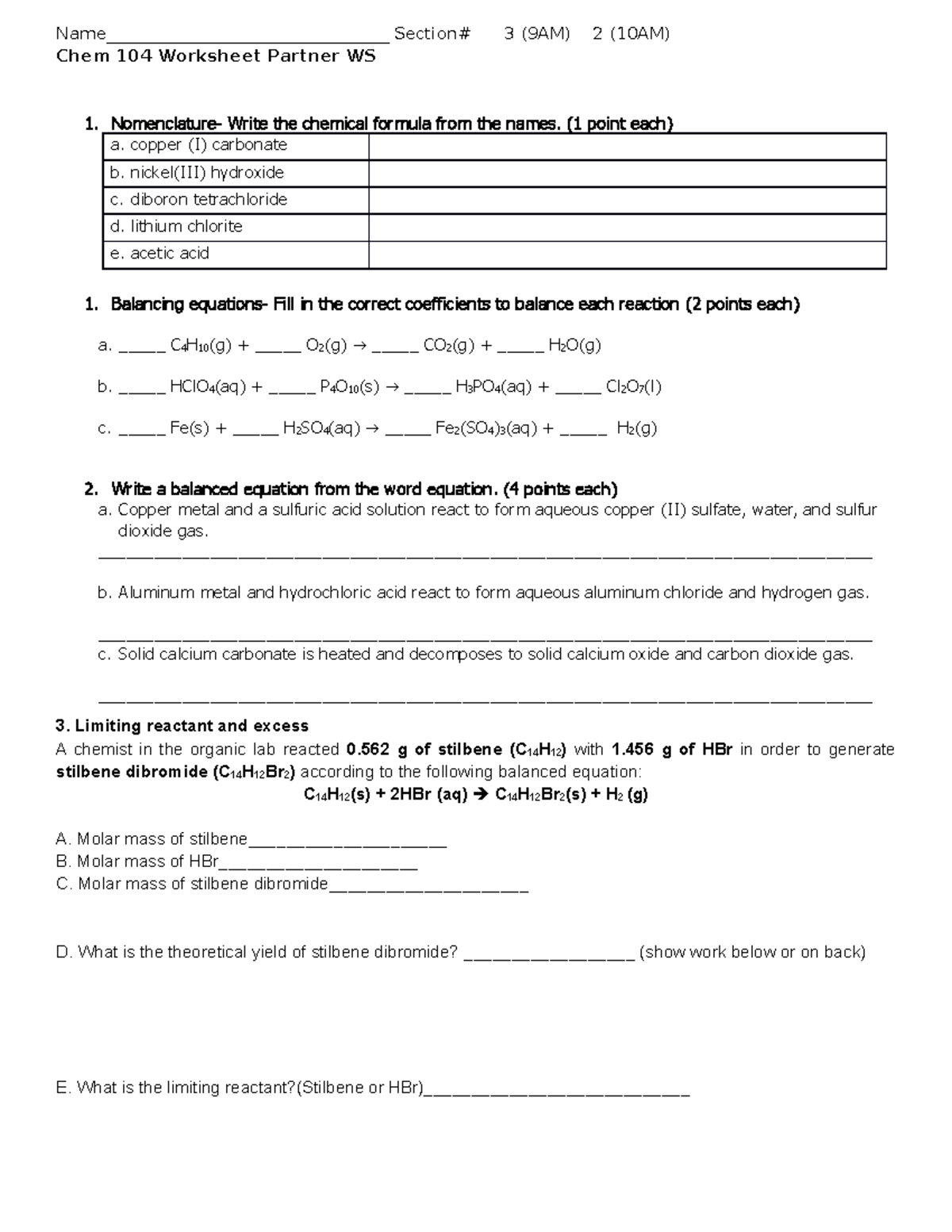 Worksheet 6, LR, balancing-SP23 (real reaction) - Name ...