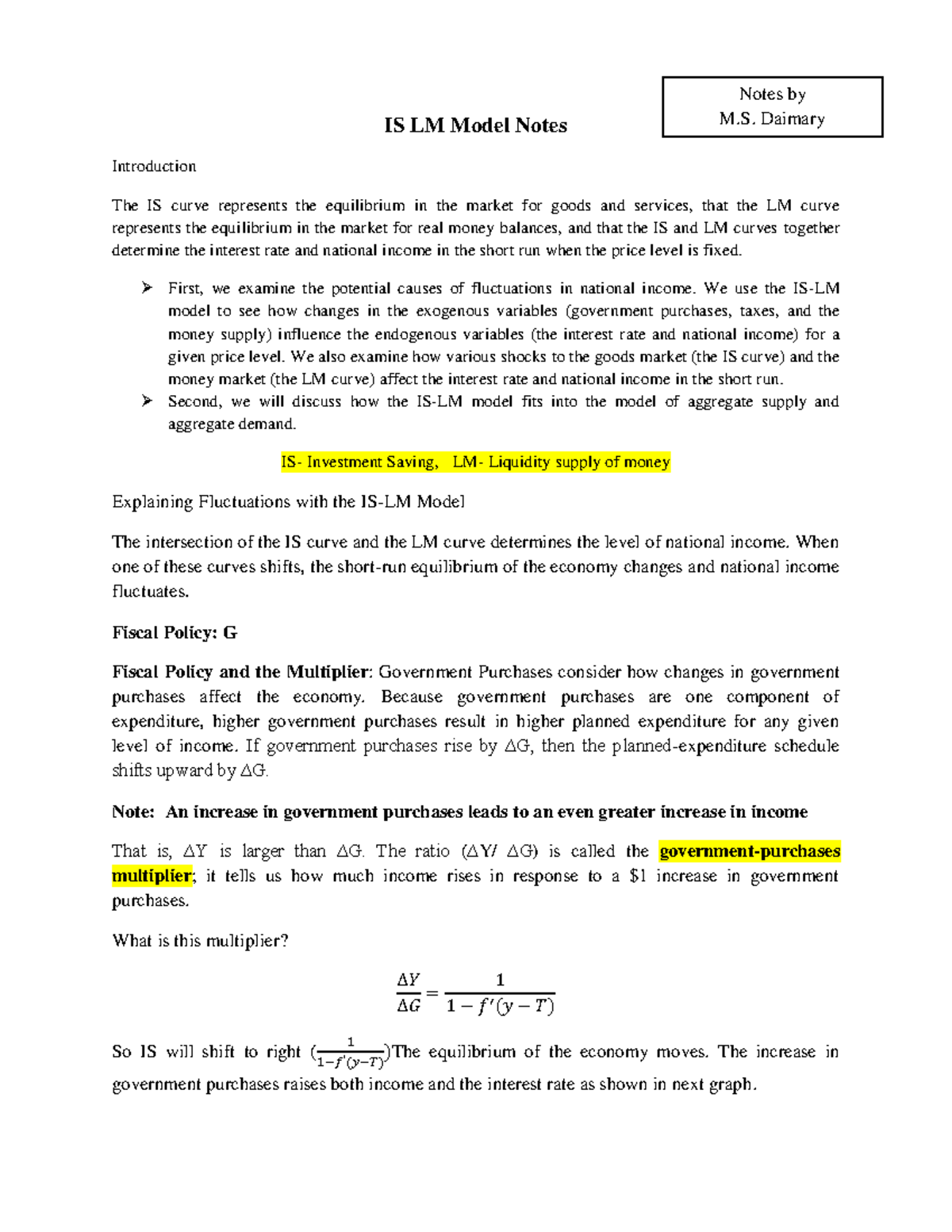 IS LM Model 240403 182822 - IS LM Model Notes Introduction The IS curve ...