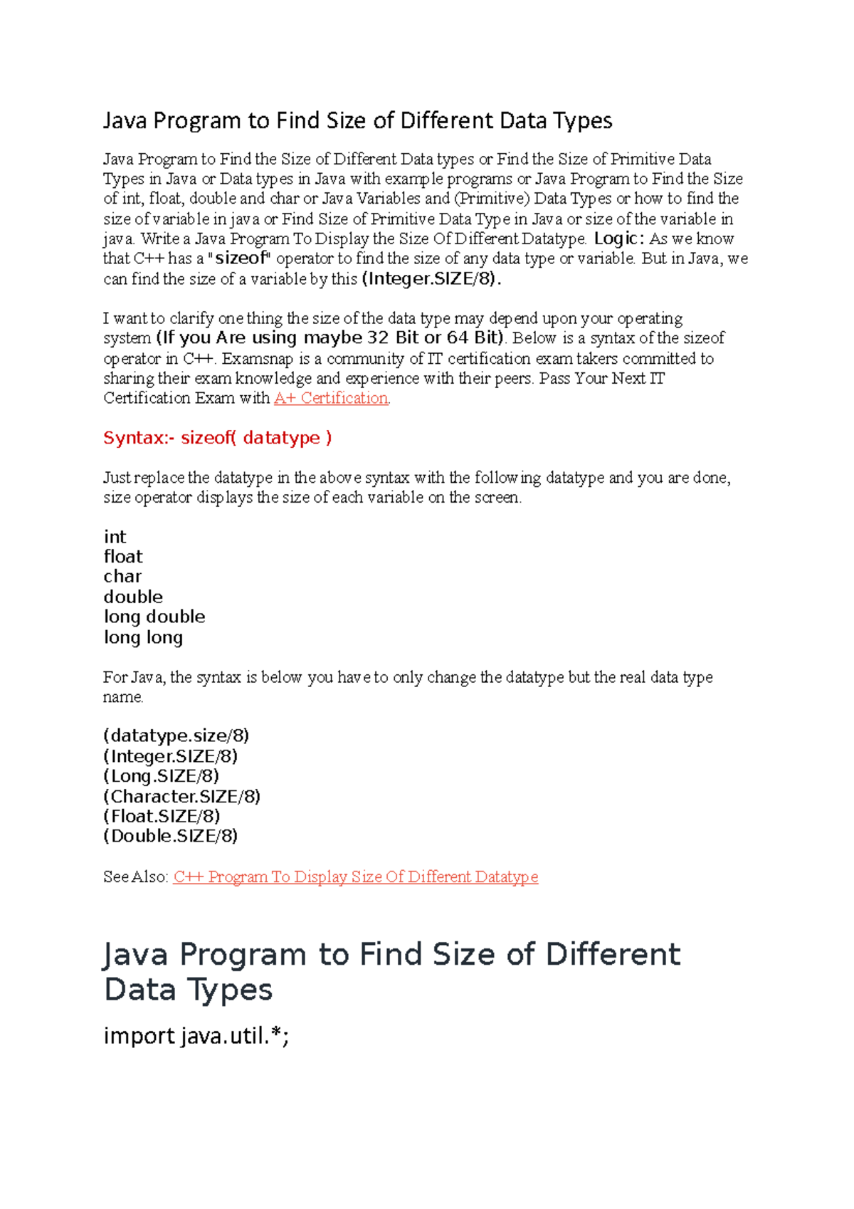 Java Program to Find Size of Different Data Types - Write a Java ...