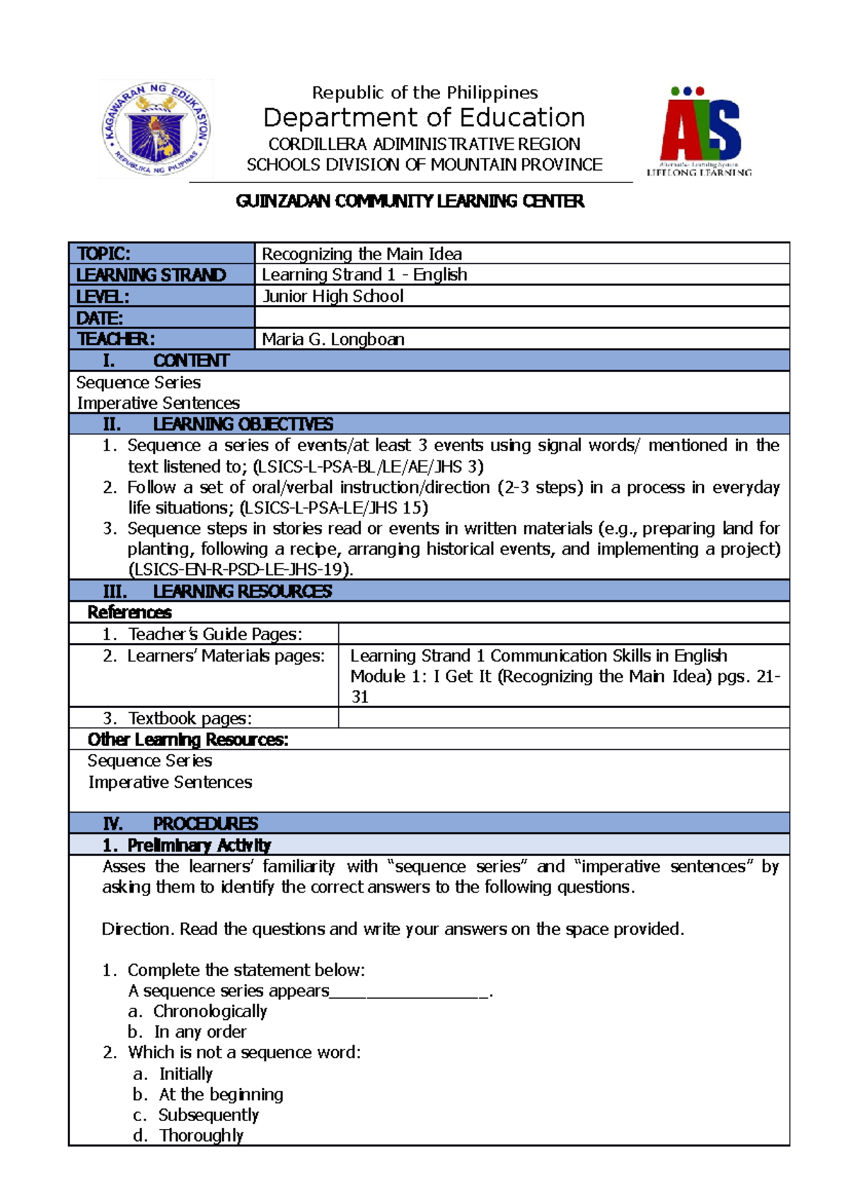 Leson Plan of Lesson 3 - Republic of the Philippines Department of ...