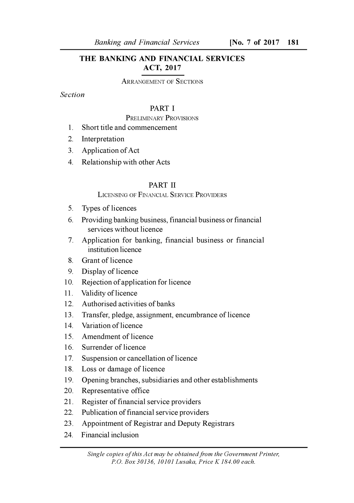 The Bankingand Finance Act No 7of2017 THE BANKING AND FINANCIAL