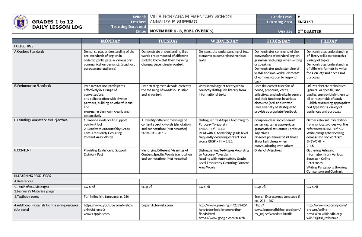 DLL English 5 Q2 W6 - i NEED IN MY WORK - GRADES 1 to 12 DAILY LESSON ...