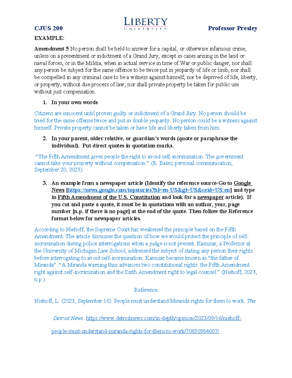 5th Amendment - CJUS 200 Professor Presley EXAMPLE: Amendment 5 No ...
