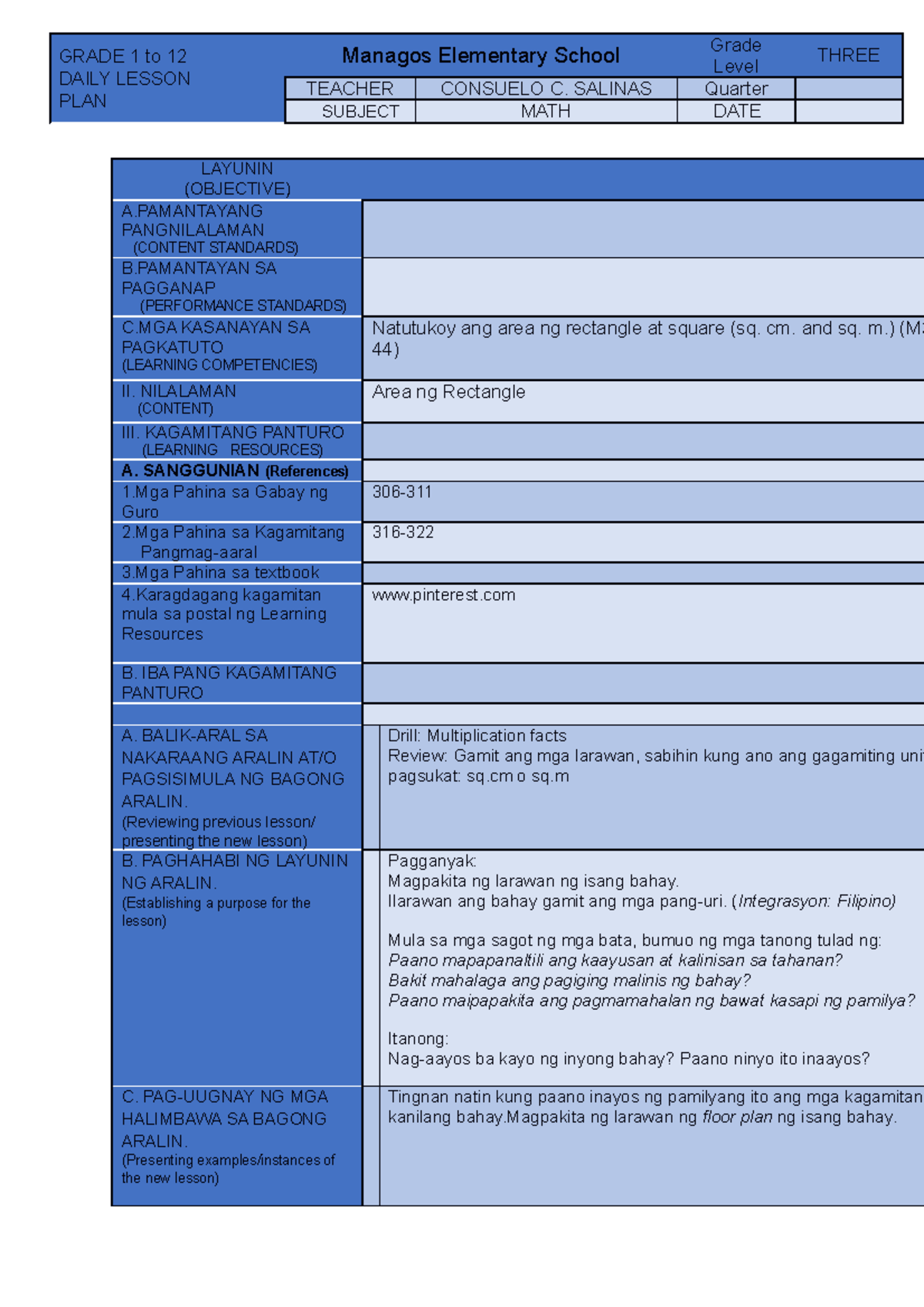 MATH 3 COT 2 Tagalog - COT 3 - GRADE 1 to 12 DAILY LESSON PLAN Managos ...