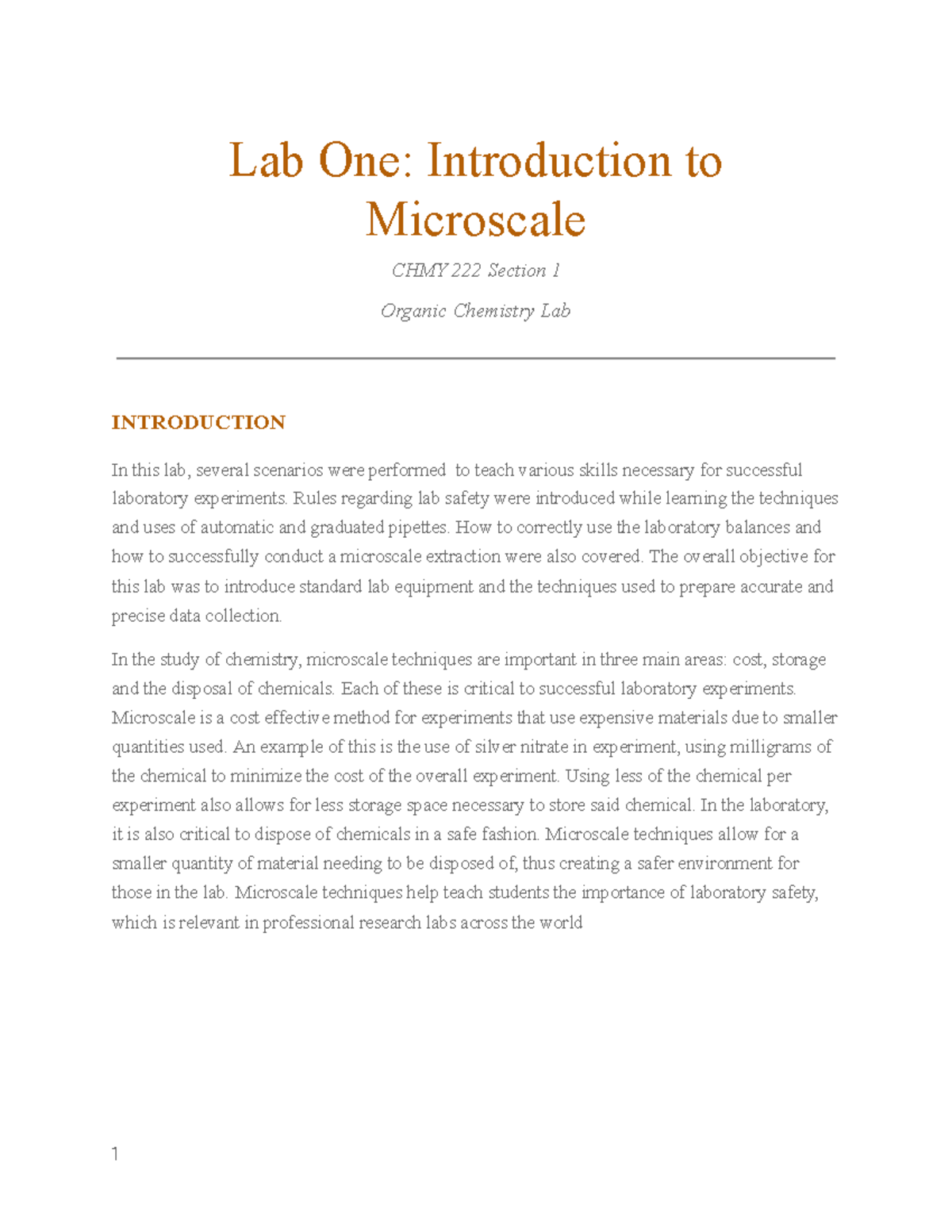 Organic Chemistry Lab Report: Introduction to Microscale Report - Lab ...