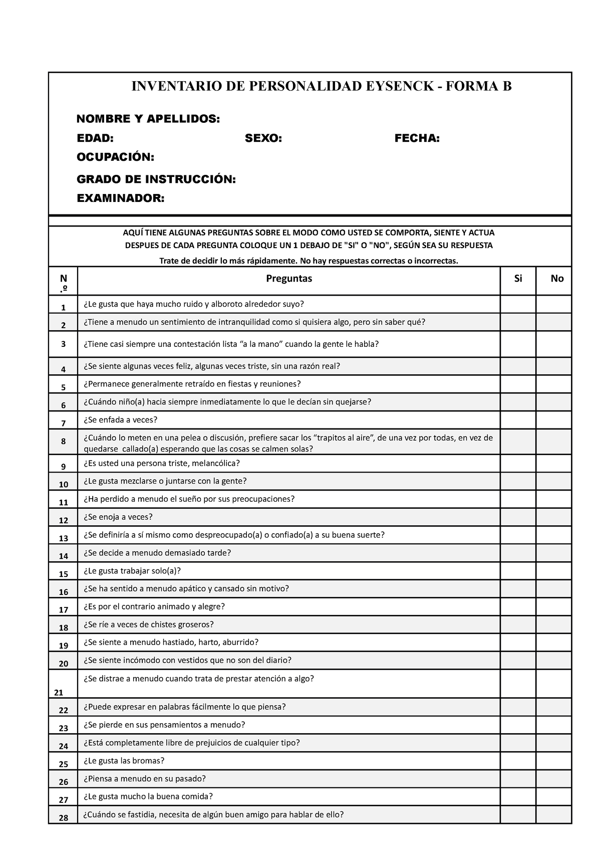 Protocolo Eysenck B Inventario De Personalidad Eysenck Forma B Nombre Y Apellidos Edad