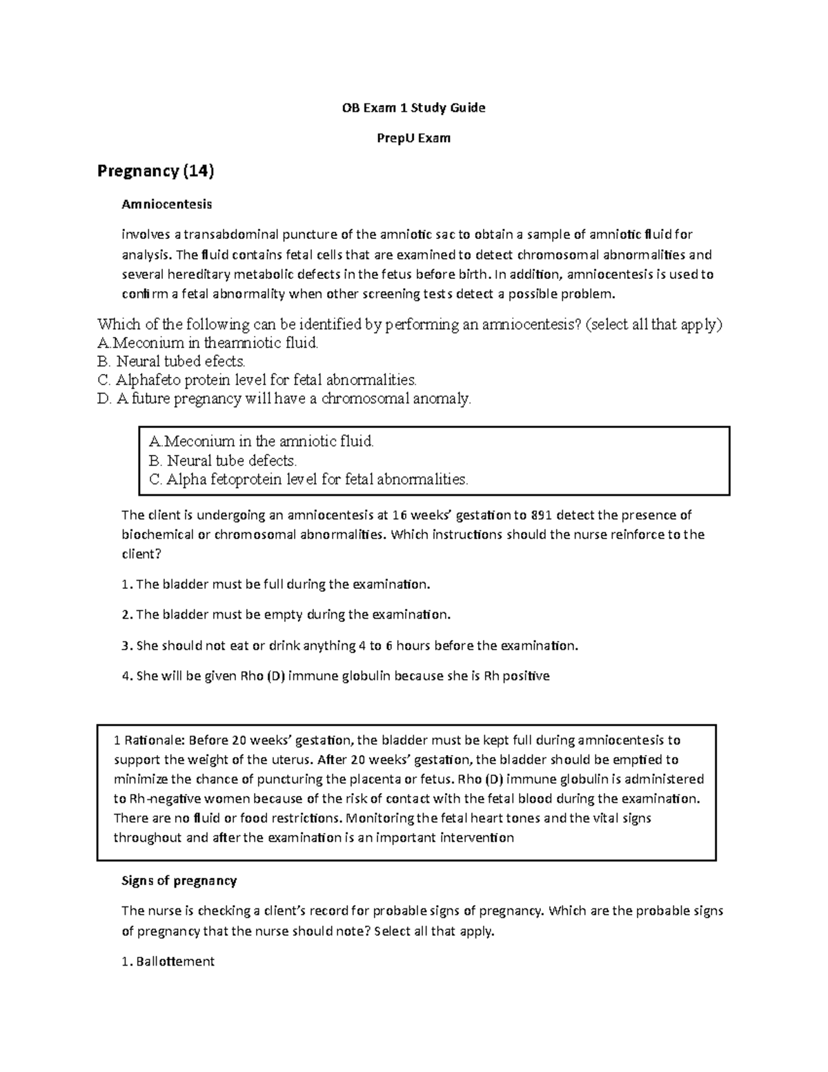 OB Exam 1 Study Guide - OB Exam 1 Study Guide PrepU Exam Pregnancy (14 ...