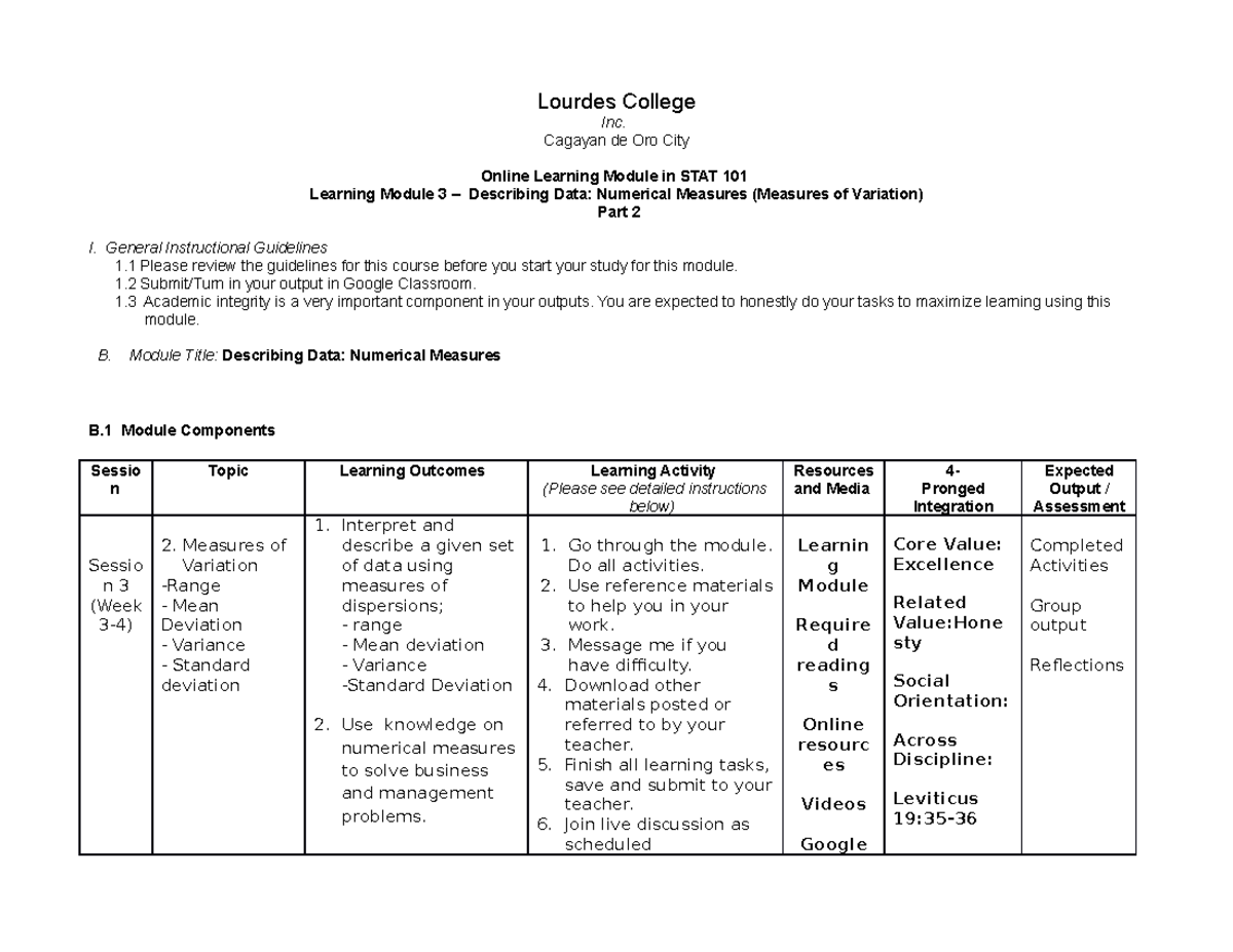 STAT 101 Module 3Part 2 salcedo - Lourdes College Inc. Cagayan de Oro ...