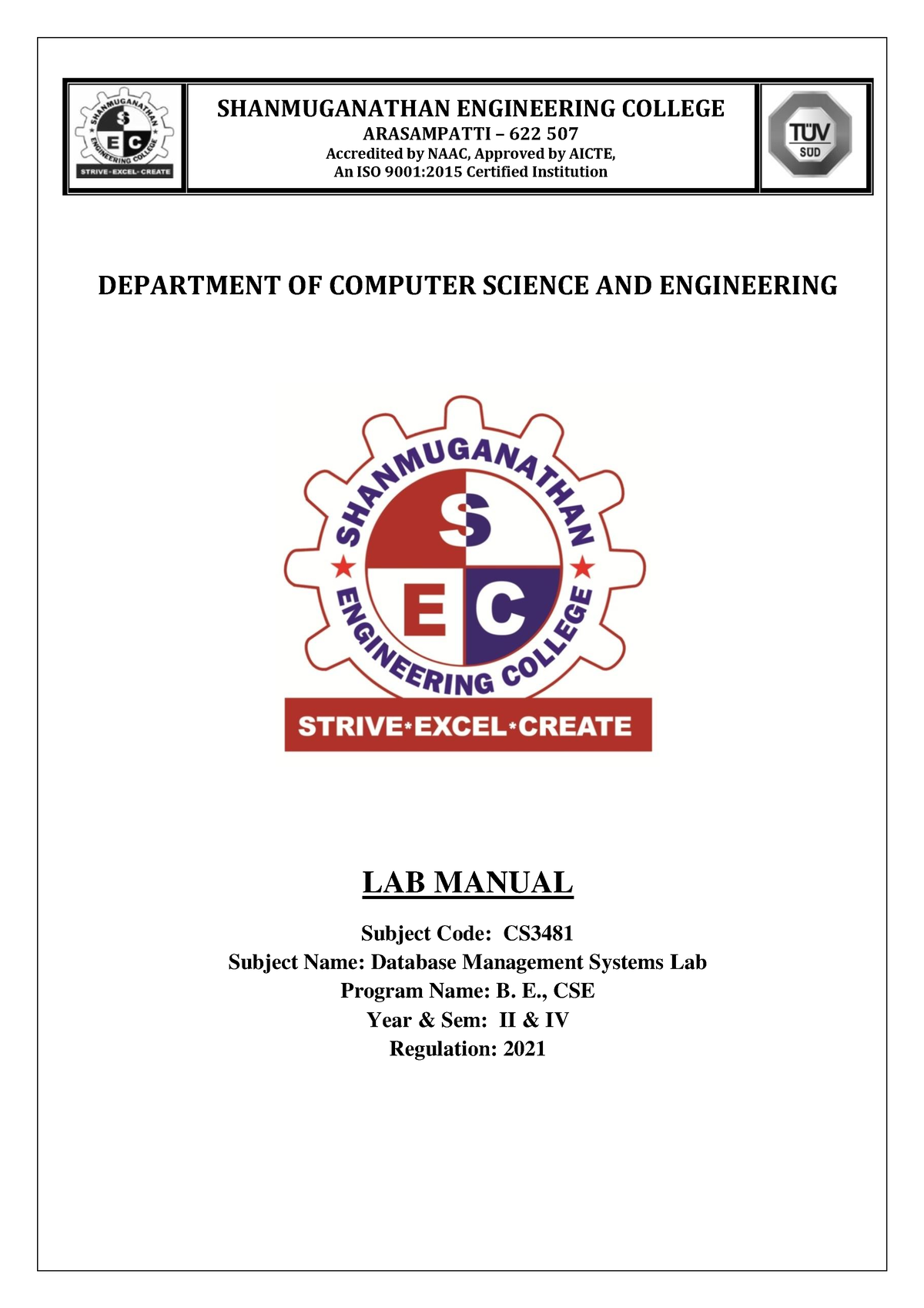 CS3481 - DBMS Lab Manual (1 To 9) - DEPARTMENT OF COMPUTER SCIENCE AND ...