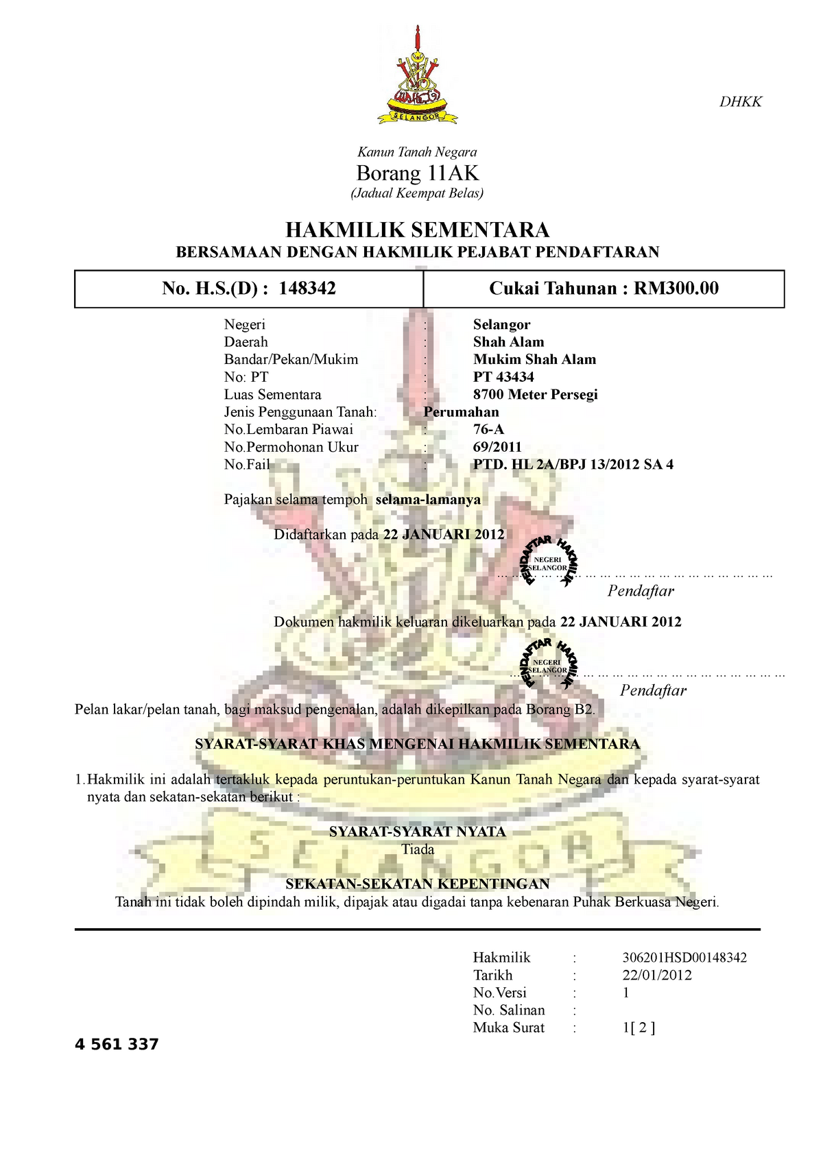 Sample of Title Deed - . - Kanun Tanah Negara Borang 11AK 