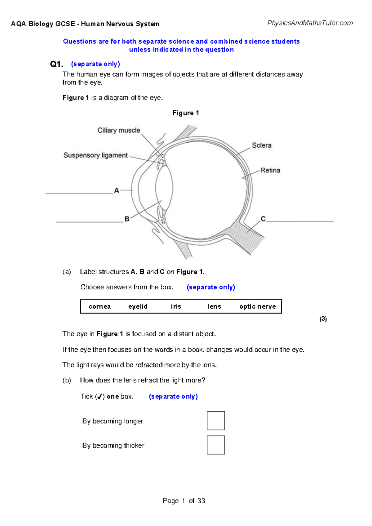 5.2 Human Nervous System QP - Q1. The human eye can from the eye. form ...