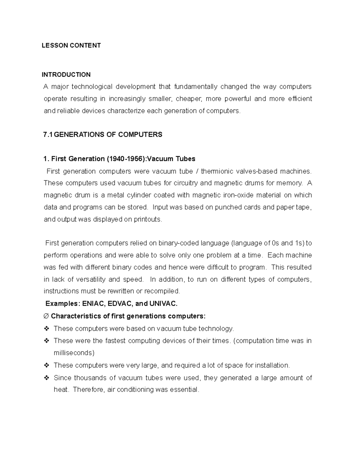 Computer Generations - LESSON CONTENT INTRODUCTION A major ...