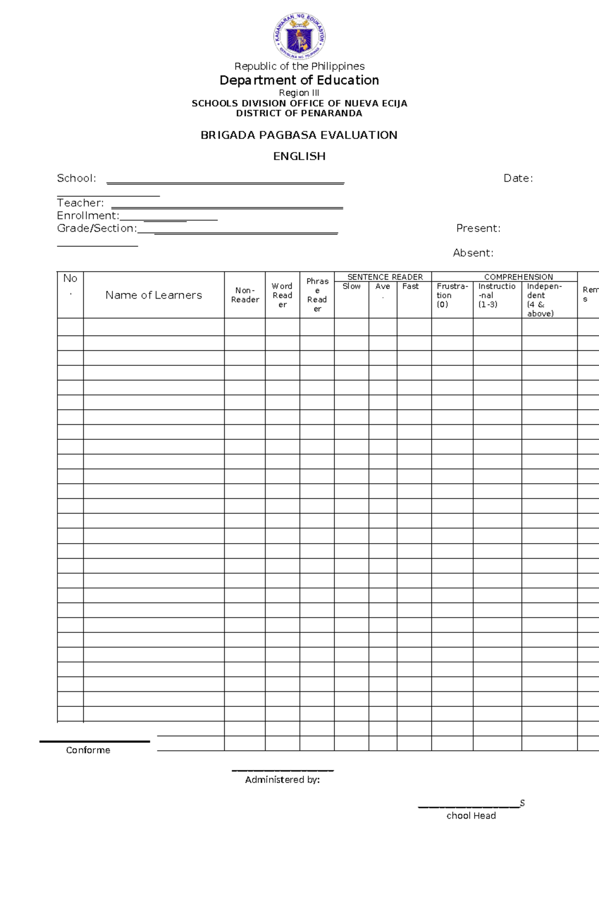 Brigada Pagbasa Reading FORM - Republic of the Philippines Department ...