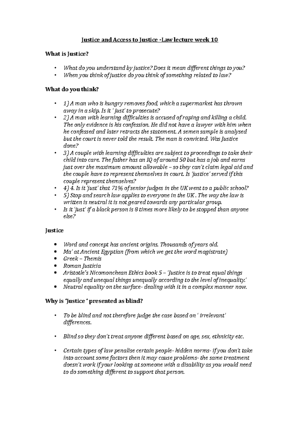 Law lecture week 10 - basic law notes - Justice and Access to Justice ...