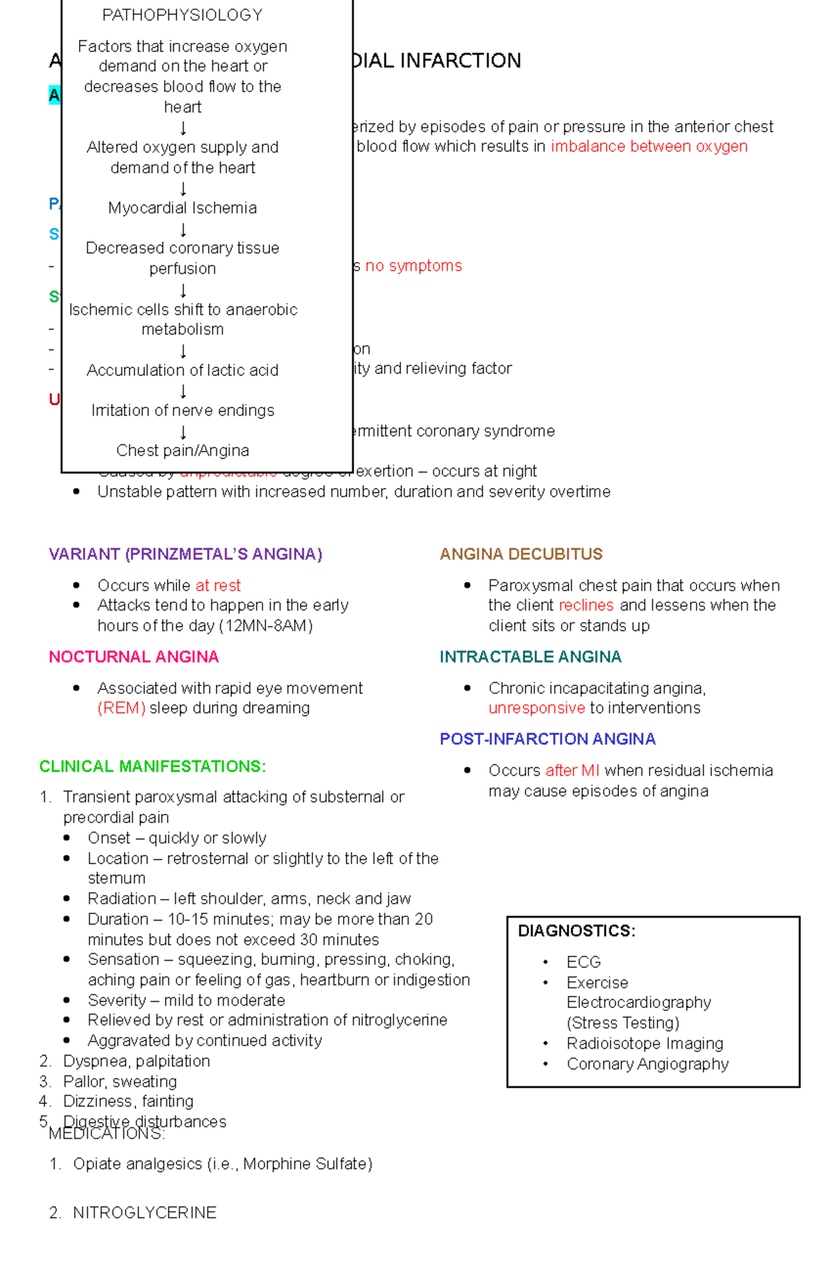 Angina Pectoris - Notes - ANGINA PECTORIS – MYOCARDIAL INFARCTION ...