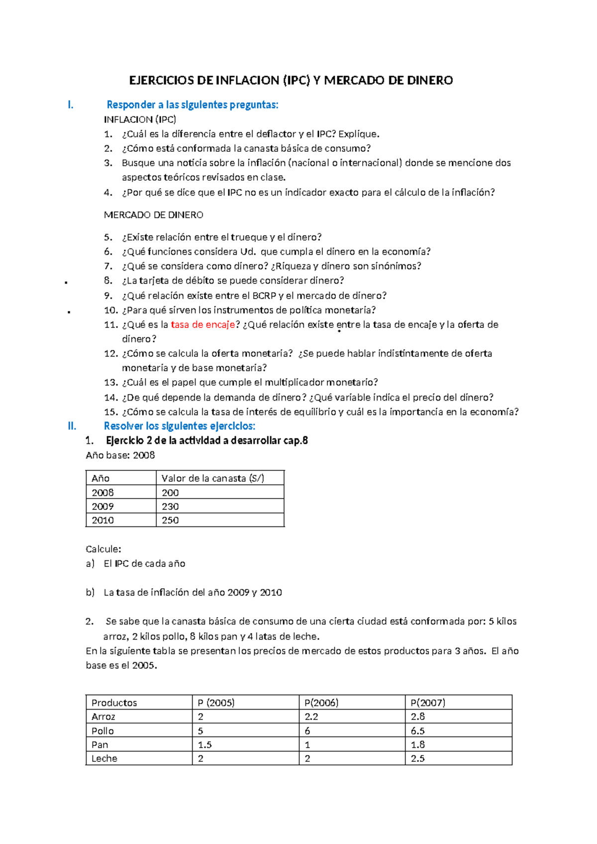 Ejerc- IPC-Dinero - EJERCICIOS DE INFLACION (IPC) Y MERCADO DE DINERO I ...