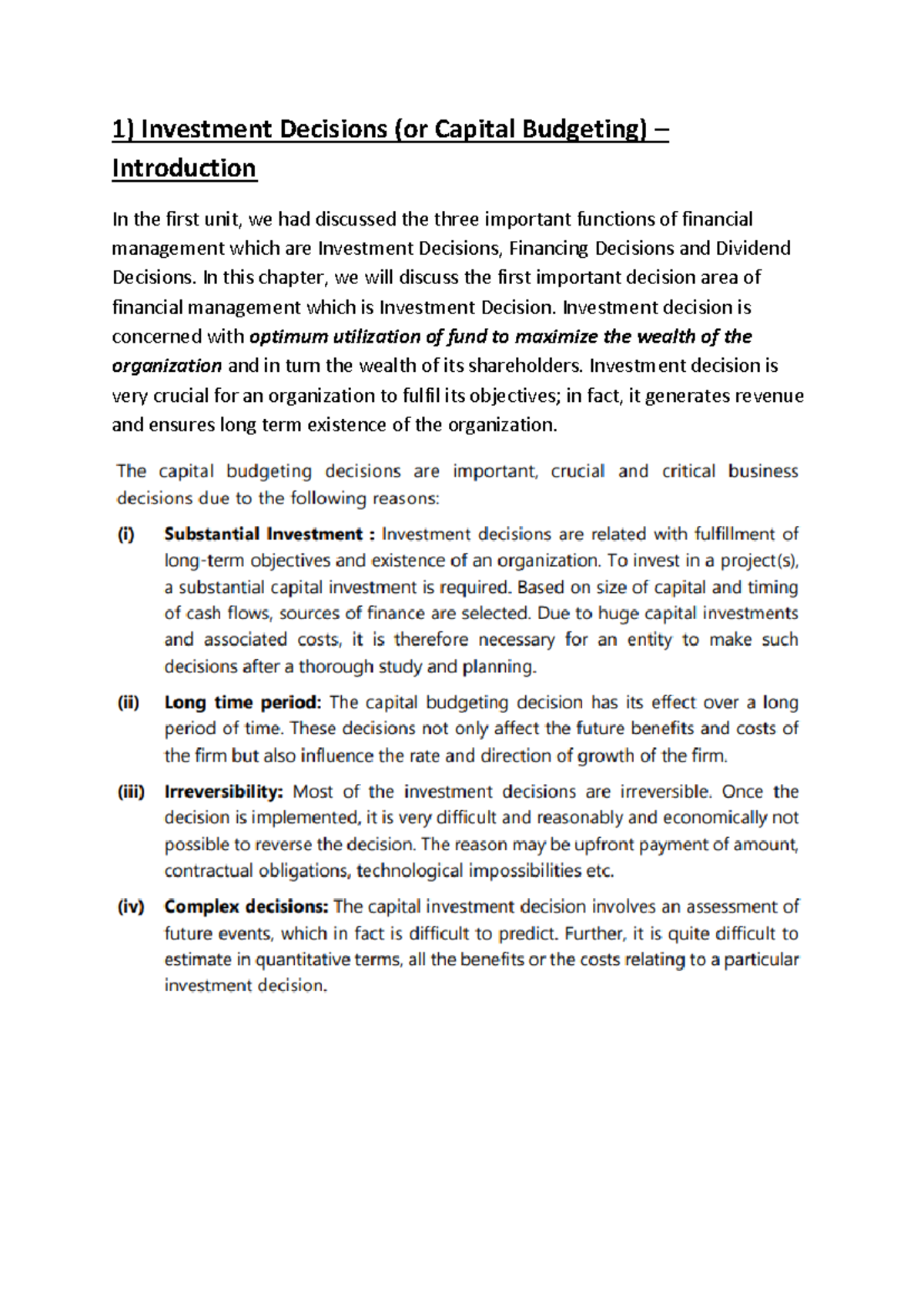 8. Capital Budgeting (Part - 1) - 1) Investment Decisions (or Capital ...