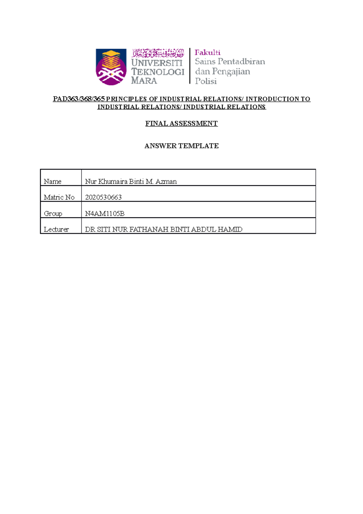 Answer Template Final Assessment PAD363 - PAD363/368/365 PRINCIPLES OF ...