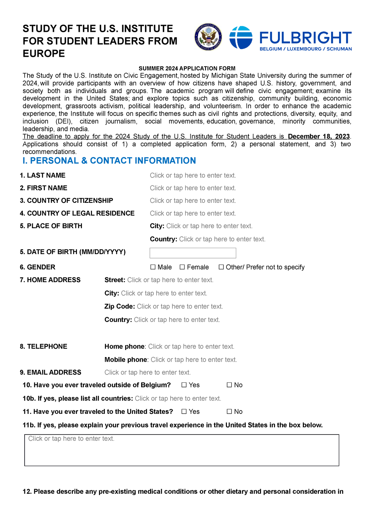 2024 SUSI Student Leader Application Form STUDY OF THE U. INSTITUTE