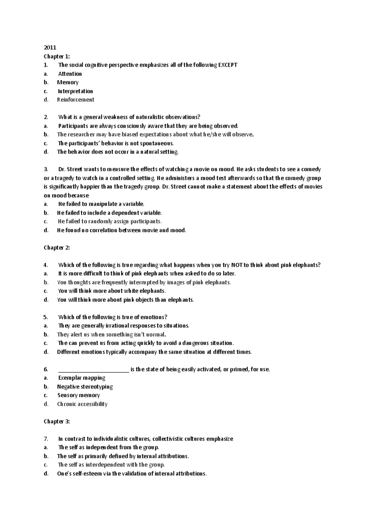 Exam 2011 questions and answers - 2011 Chapter 1: The social cognitive ...