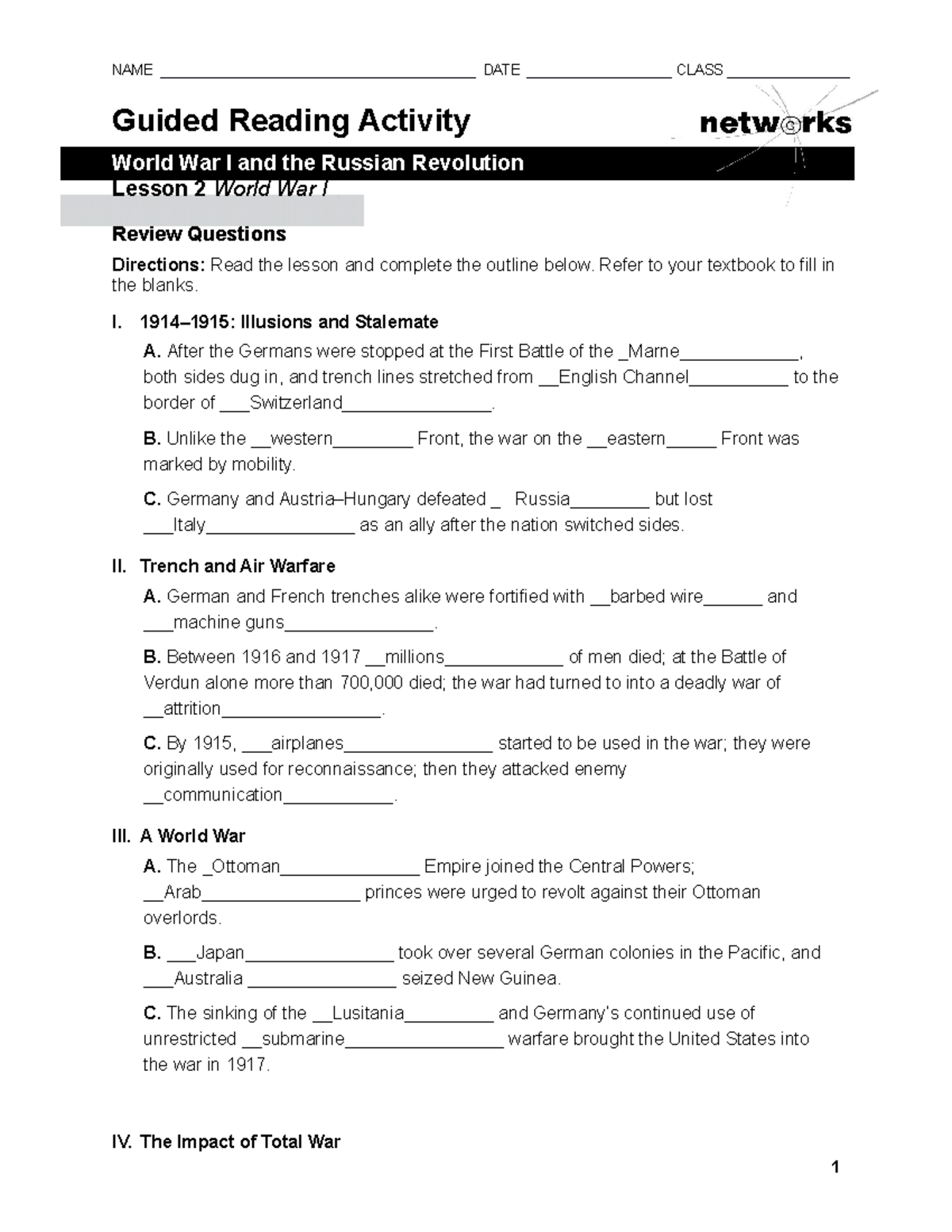 Lesson 2 World War I Guided Reading Activity Editable - NAME DATE CLASS ...