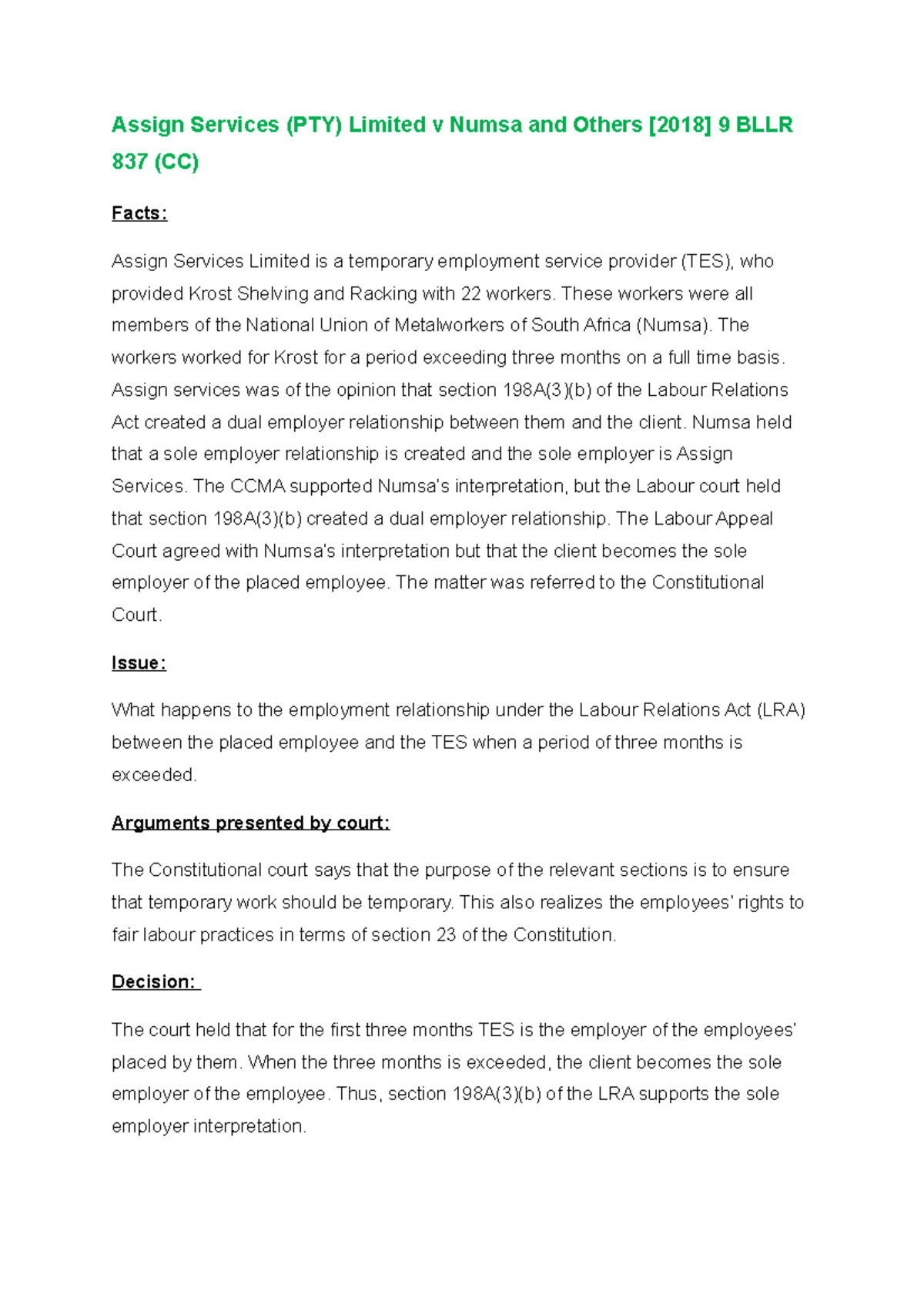 Topic 1 to 3 CASE LAWS ( Labour) Assign Services (PTY) Limited v Numsa and Others [2018] 9