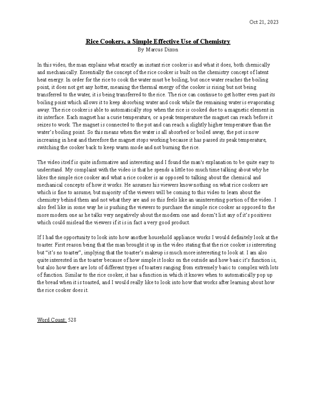 Second Assigment Rice Cookers Marcus Dixon Oct 21, 2023 Rice