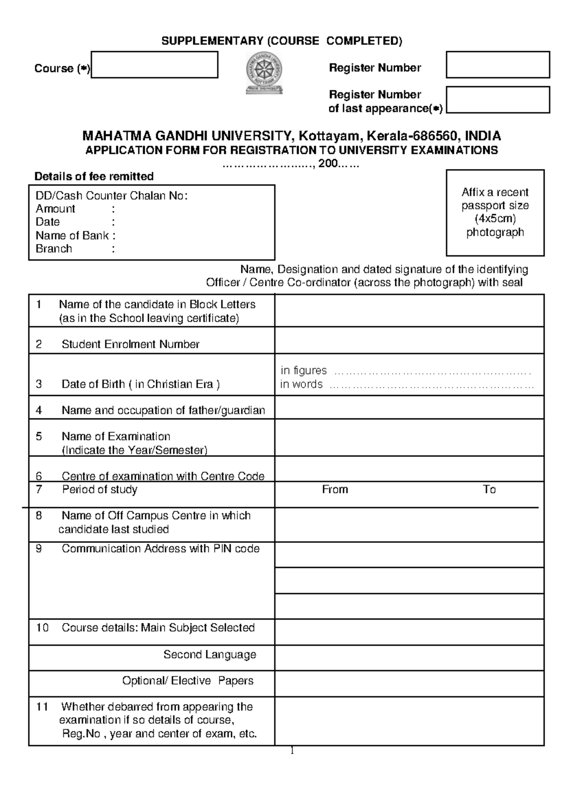 Off Campus Exam Suppli form1 - SUPPLEMENTARY (COURSE COMPLETED) Course ...