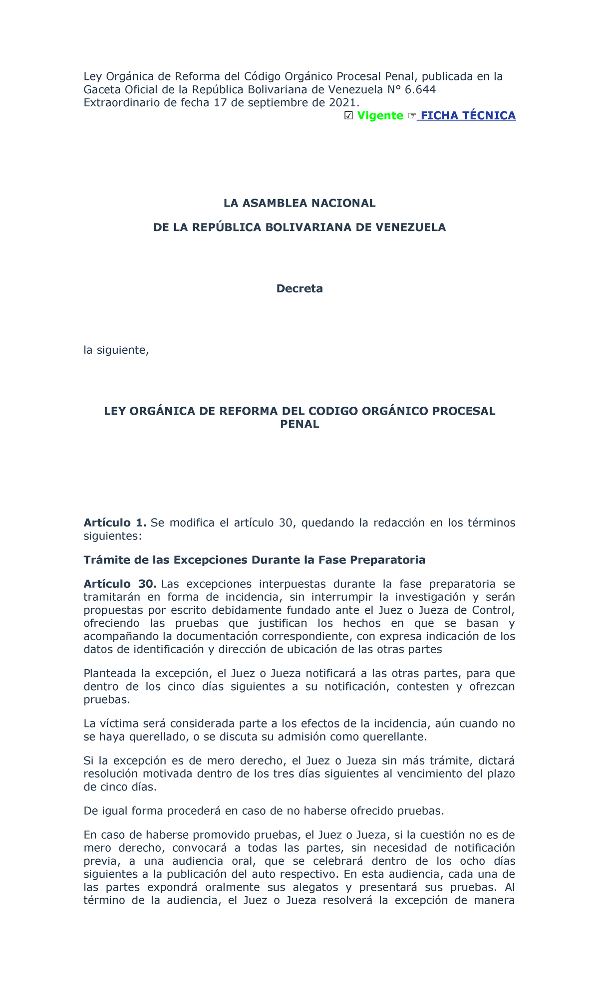 Codigo Procesal Penal Ley Orgánica de Reforma del Código Orgánico