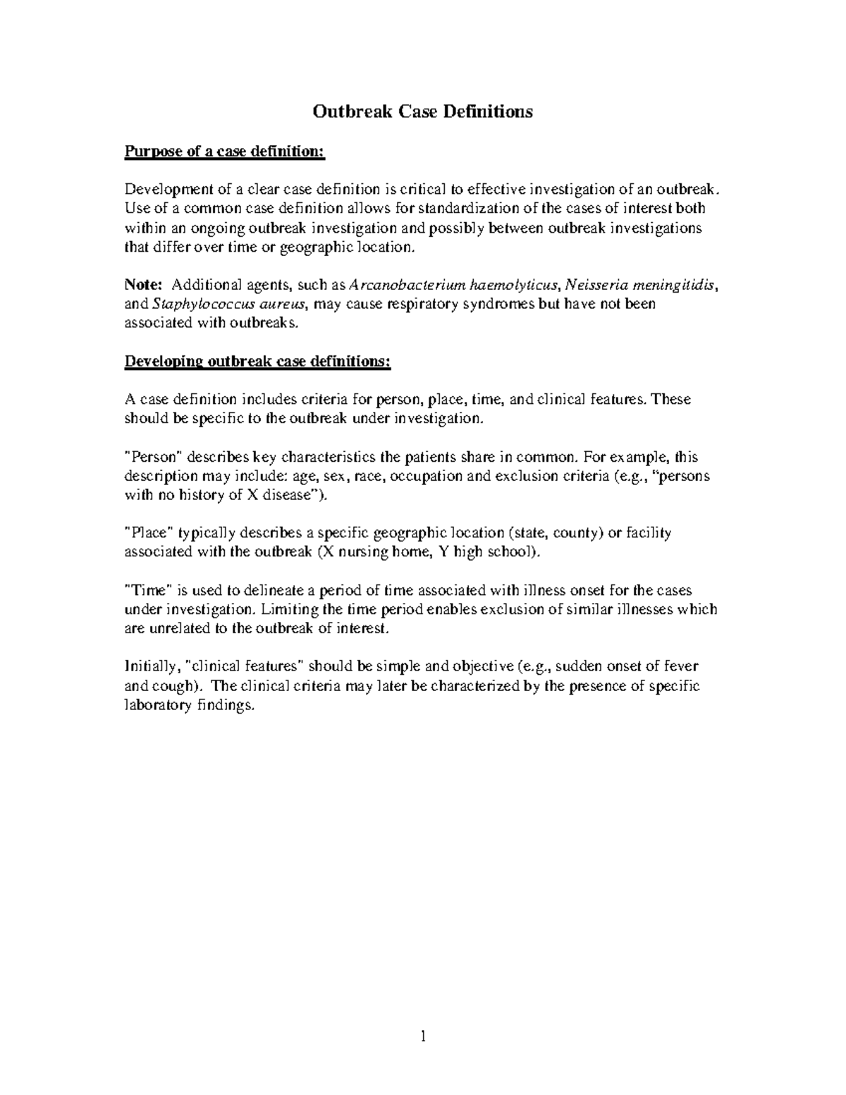 Case Definitions RTTT Outbreak Case Definitions Purpose of a case