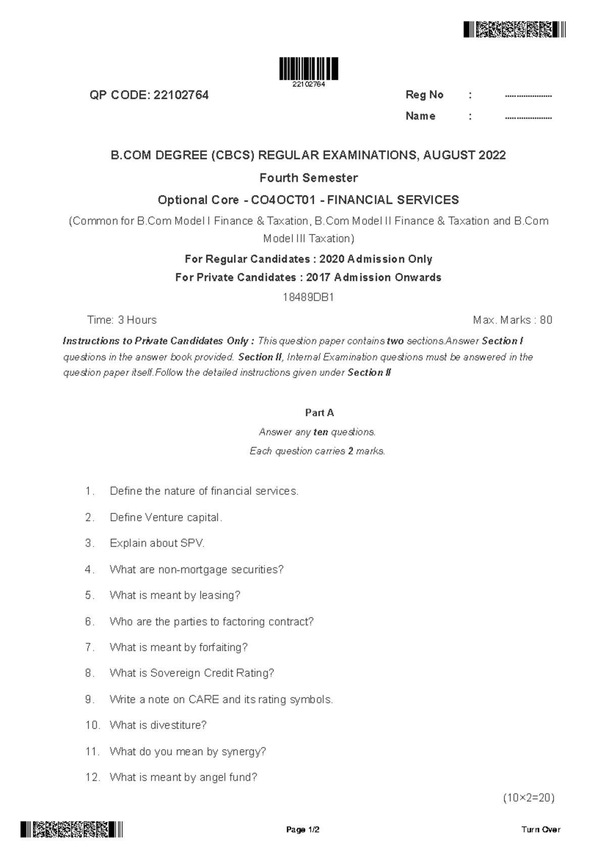 22102764 - QP CODE: 22102764 Reg No : ..................... Name ...