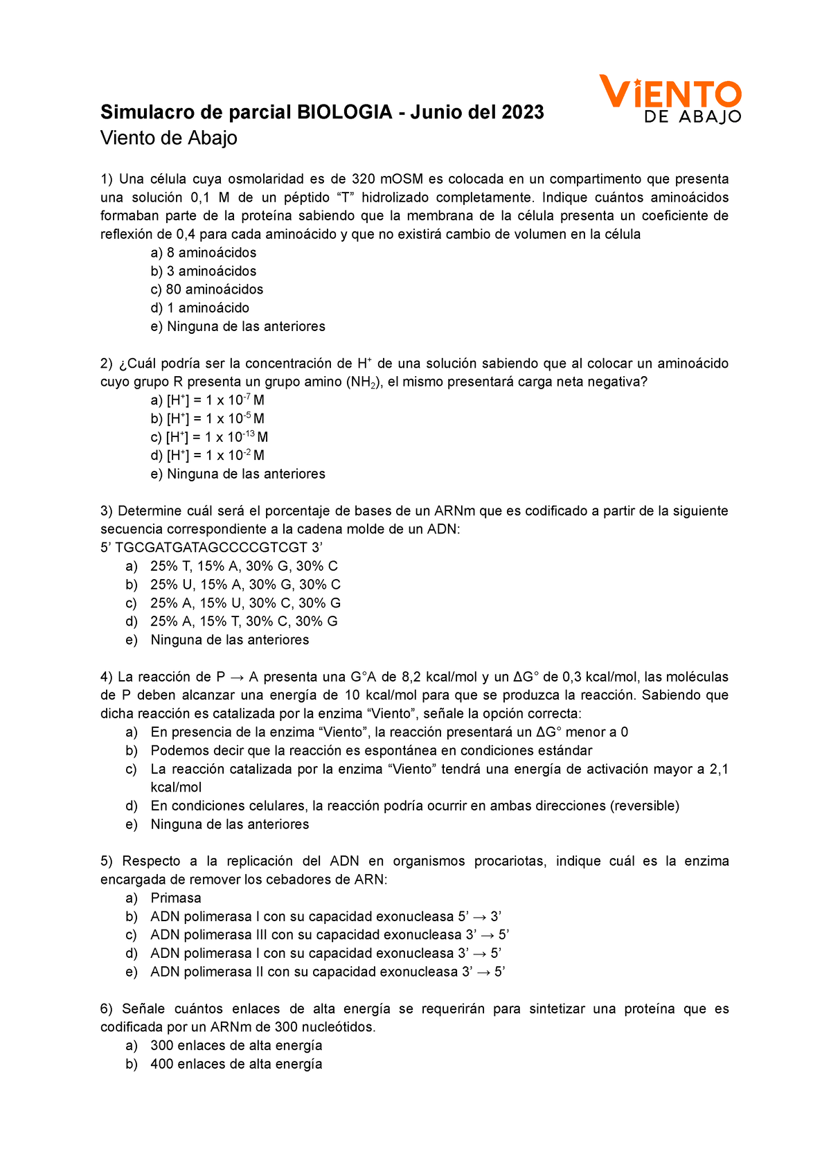 Simulacro De Parcial De Biologia - Junio Del 2023 - Simulacro De ...