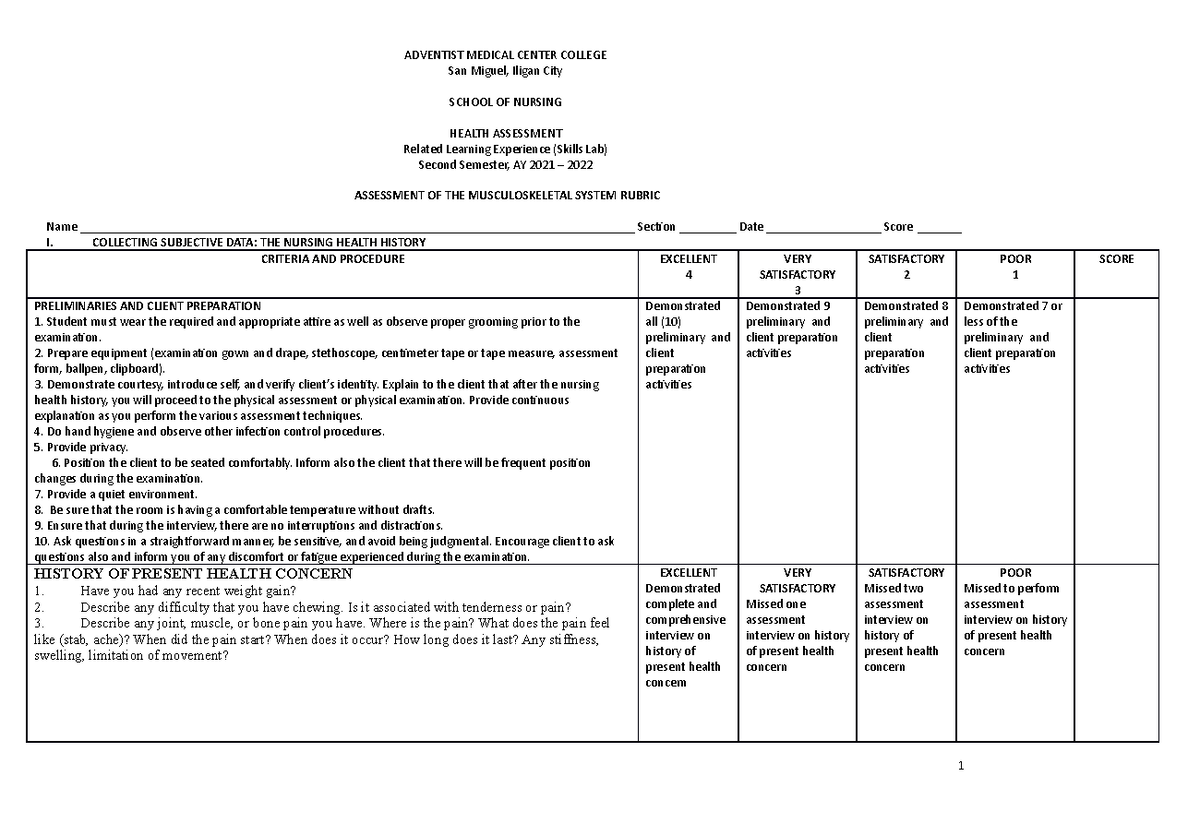 Musculoskeletal- System- Rubric - ADVENTIST MEDICAL CENTER COLLEGE San ...