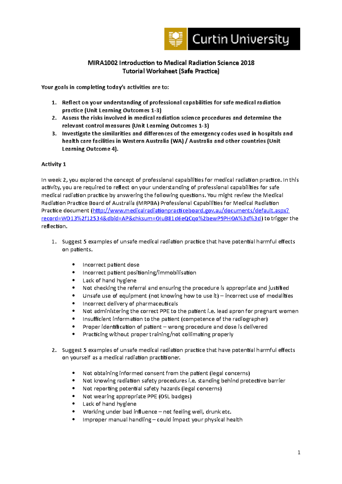 Week 13 Tutorial Notes MIRA1002 Introduction to Medical Radiation