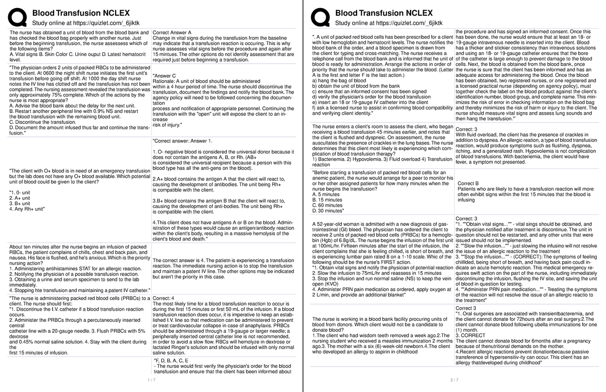 MergedNSG 101PracticeQuizzes Midterm Blood Transfusion NCLEX