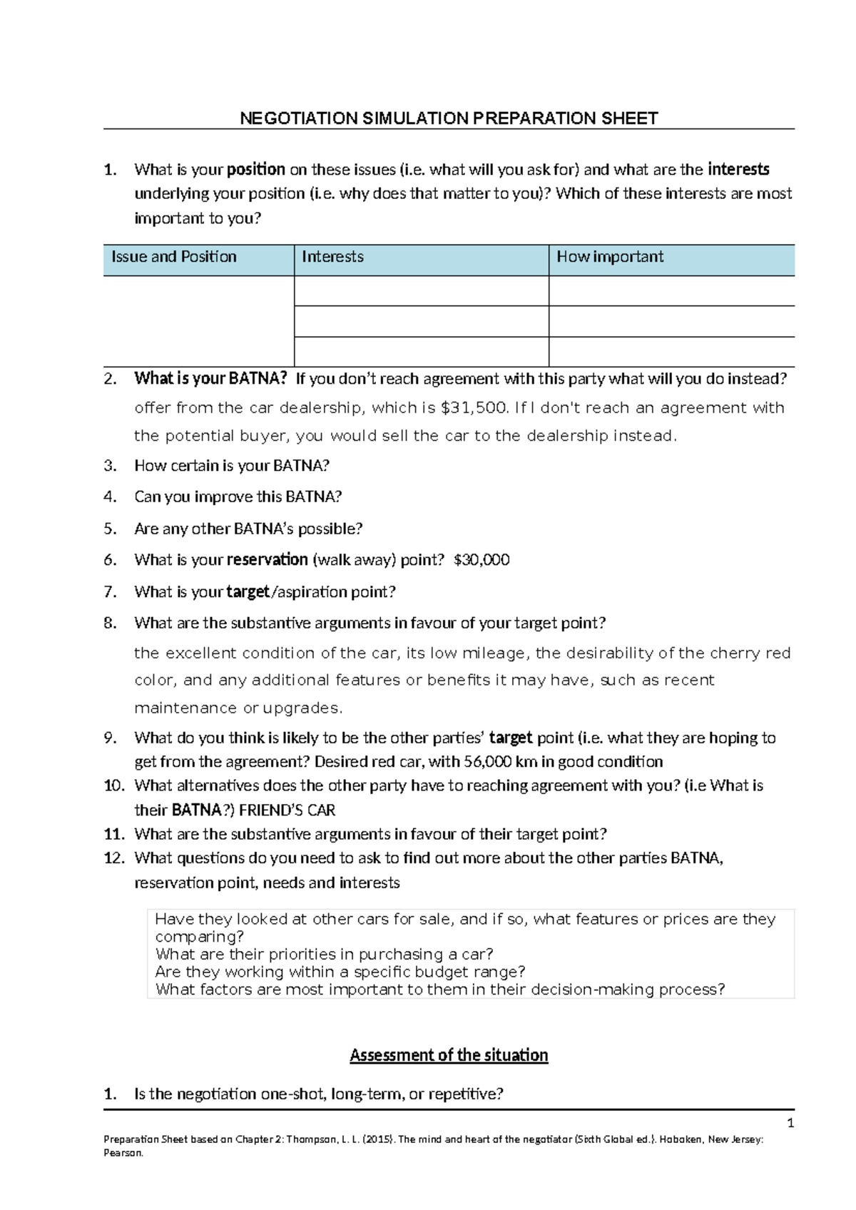 Negotiation Simulation Preparation Sheet - NEGOTIATION SIMULATION ...