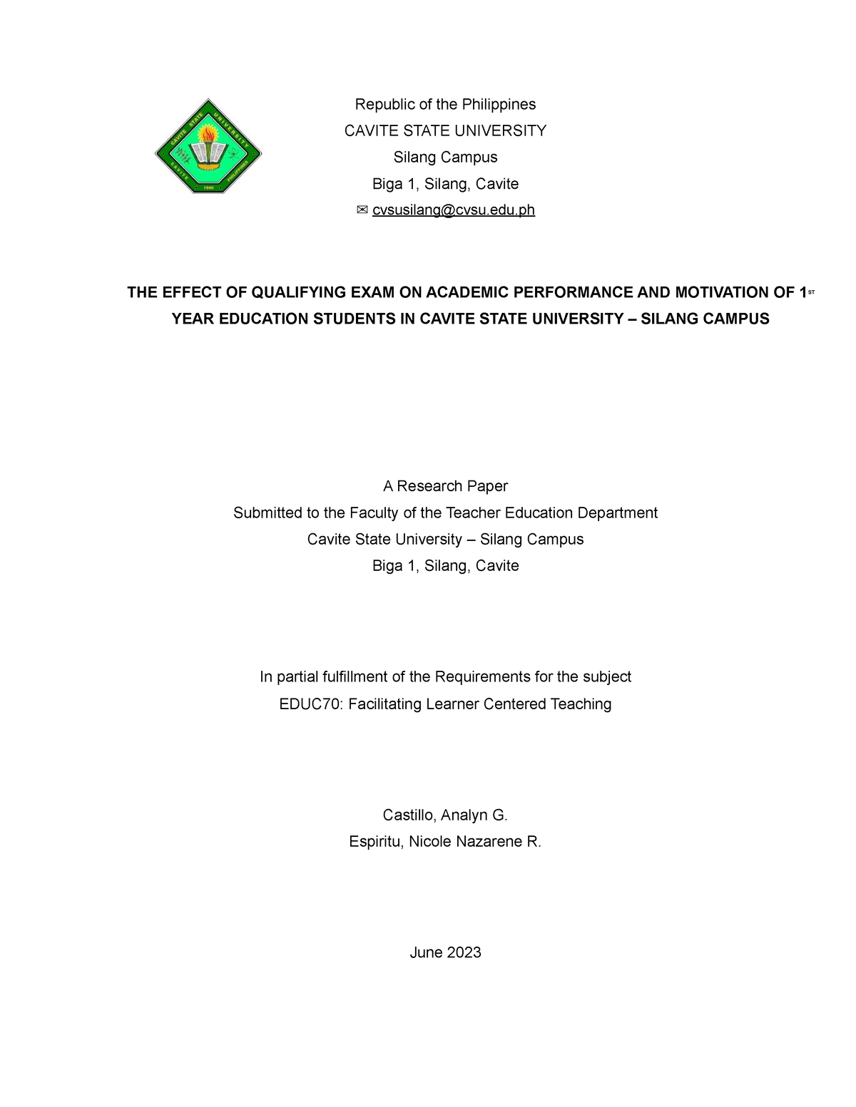 cavite state university thesis format