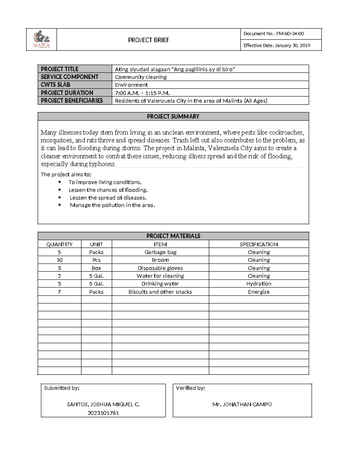 Project Brief - AAA - PROJECT BRIEF Document No.: FM-SO-34- Effective ...