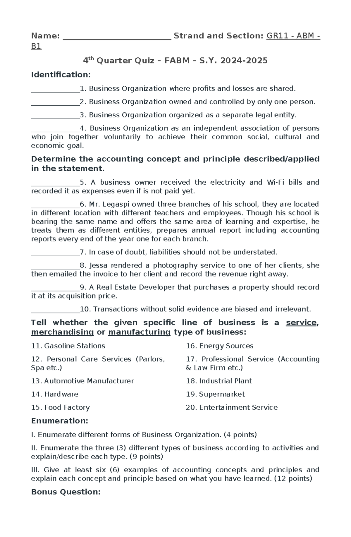 FABM - QUIZ - for quiz in FABM - Name ...